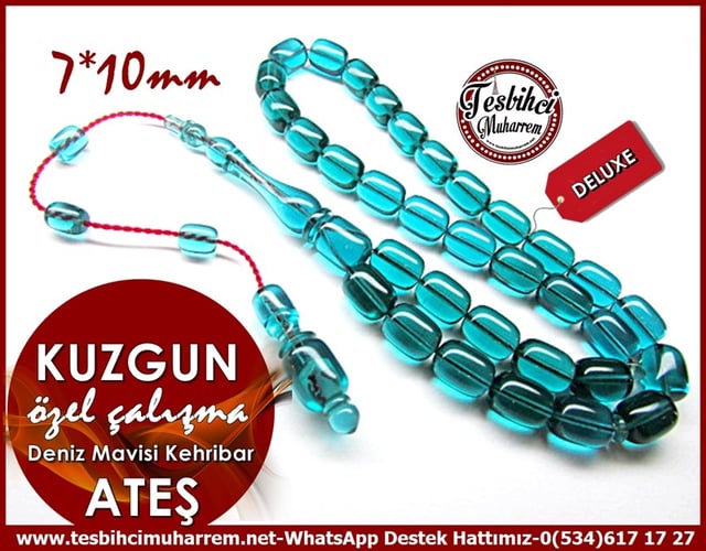 Özel Çalışma Deniz Mavisi Ateş Kehribar Tesbih Kuzgun 