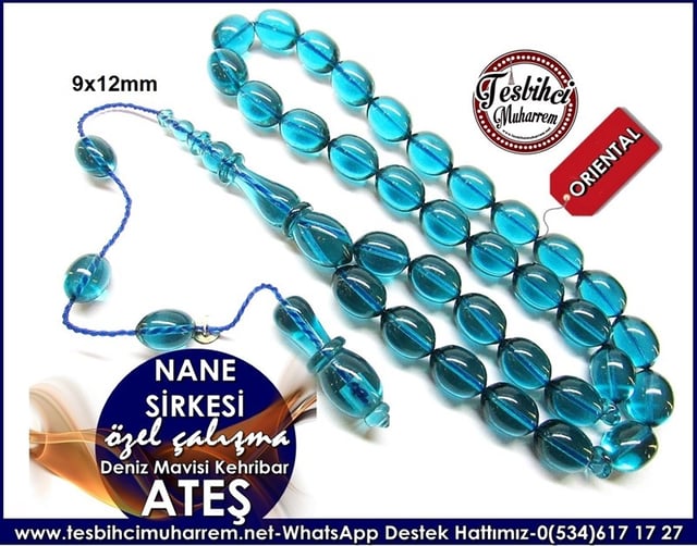 Özel Çalışma Deniz Mavisi Beyzi Ateş Kehribar Tesbih Nane Sirkesi