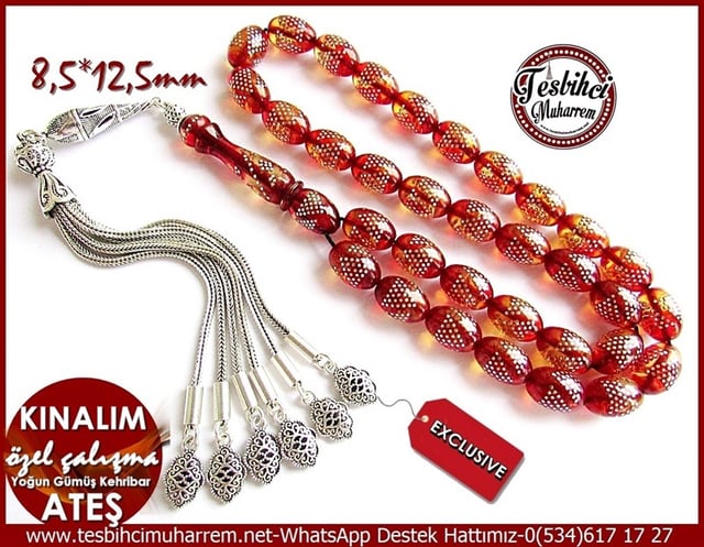Özel Çalışma Gümüş Kakma Erzurum İşi Ateş Kehribar Tesbih Kınalım 