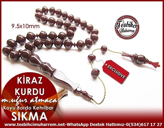 Özel Çalışma Koyu Bordo Sığırcık Sıkma Kehribar Tesbih Kiraz Kurdu 