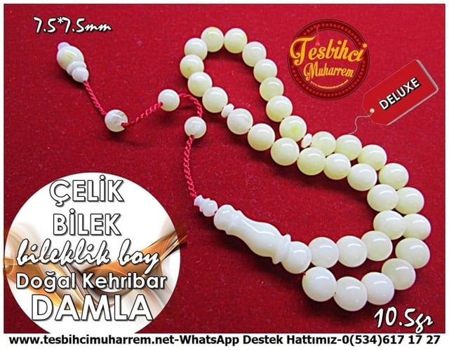 Özel Çalışma Müselles Bilek Boy Doğal Damla Kehribar Tesbih Çelik Bilek