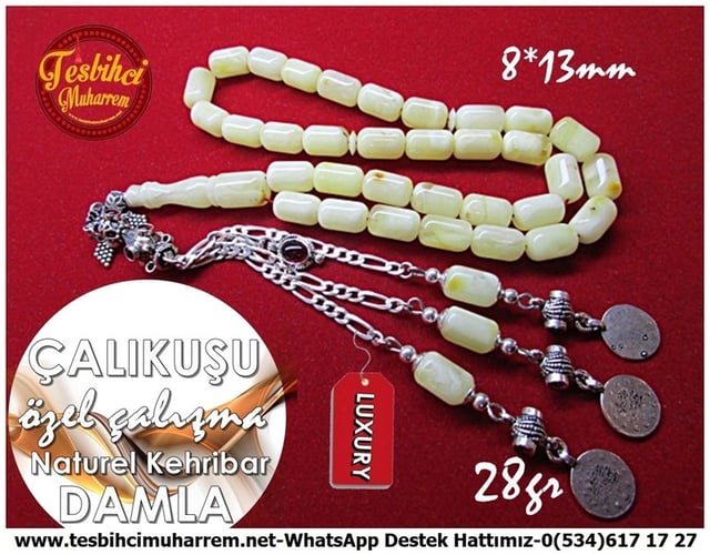 Özel Çalışma Özel Gümüş Naturel Damla Kehribar Tesbih Çalıkuşu 