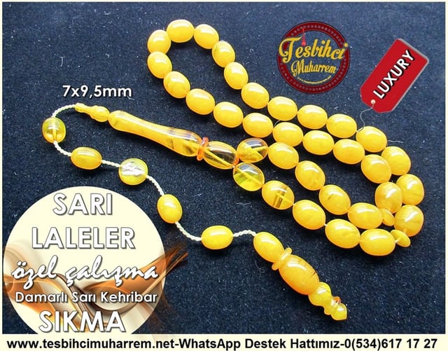 Özel Çalışma Sarı Damarlı Sıkma Kehribar Tesbih Sarı Laleler