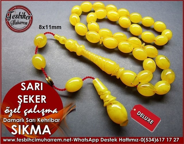 Özel Çalışma Sarı Damarlı Sıkma Kehribar Tesbih Sarı Şeker 