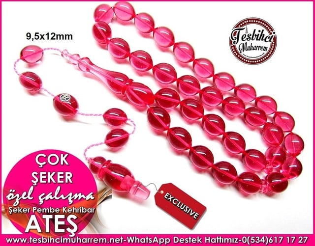 Özel Çalışma Şeker Pembe Beyzi Ateş Kehribar Tesbih Çok Şeker