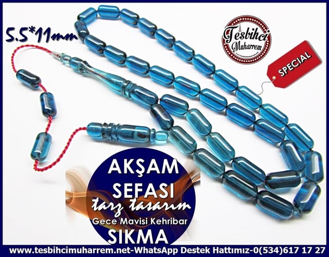 Özel Çalışma Tarz Tasarım İnce Kapsül Mavi Sıkma Kehribar Tesbih Akşam Sefası 