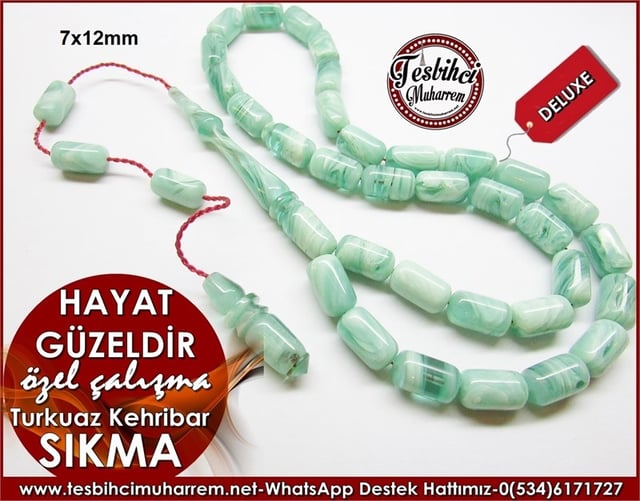 Özel Çalışma Turkuaz Sıkma Kehribar Tesbih Hayat Güzeldir 