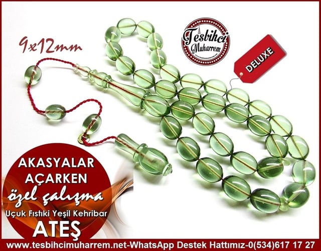 Özel Çalışma Uçuk Fıstıki Yeşil Ateş Kehribar Tesbih Akasyalar Açarken