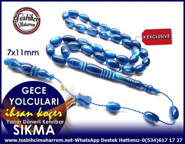 Özel Çalışma Yanar Dönerli Mavi Sıkma Kehribar Tesbih Gece Yolcuları