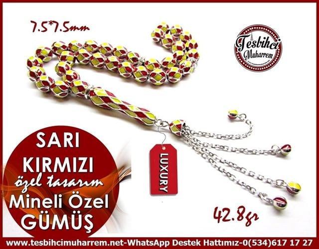 Özel Full Gümüş Tasarım Kafes Mineli Sarı Kırmızı Tarz Gümüş Tesbih