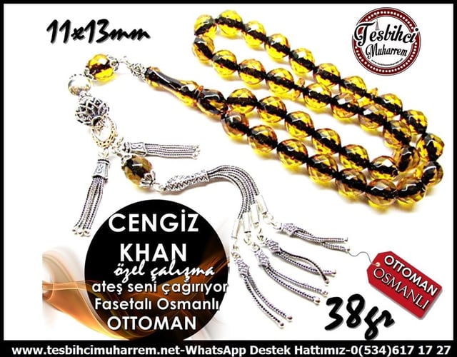 Özel Gümüş Çalışma Fasetalı Eski Osmanlı Ateş Kehribar Tesbih Cengiz Khan
