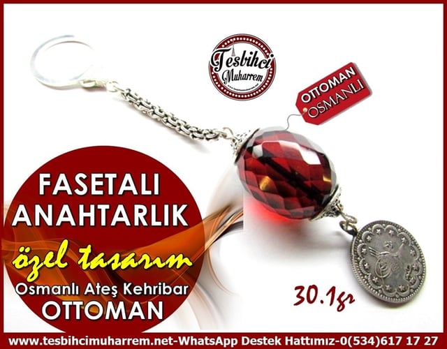 Özel Gümüş Tasarım Çaysak Osmanlı Ateş Kehribar Anahtarlık Fasetalı