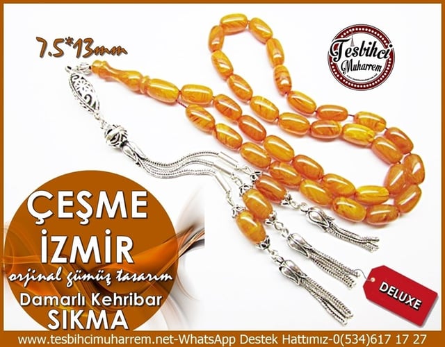 Özel Gümüş Tasarım Damarlı Sıkma Kehribar Tesbih Çeşme İzmir 