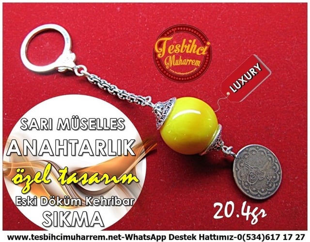 Özel Gümüş Tasarım Eski Döküm Sıkma Kehribar Anahtarlık Sarı Müselles