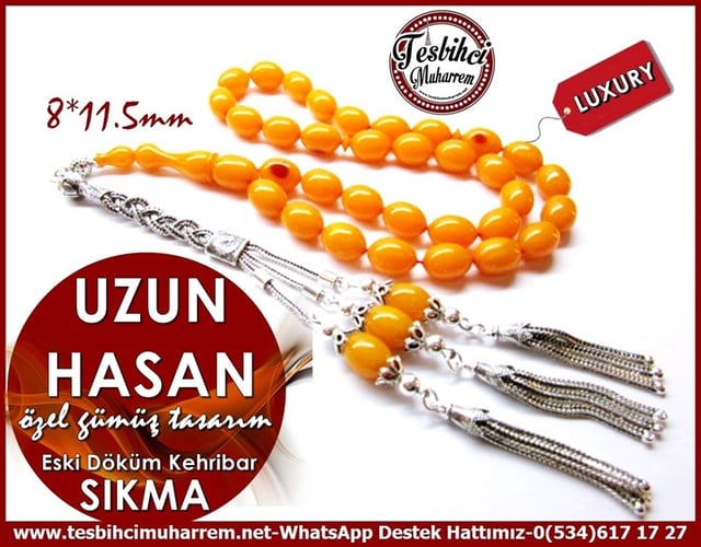 Özel Gümüş Tasarım Eski Döküm Sıkma Kehribar Tesbih Uzun Hasan