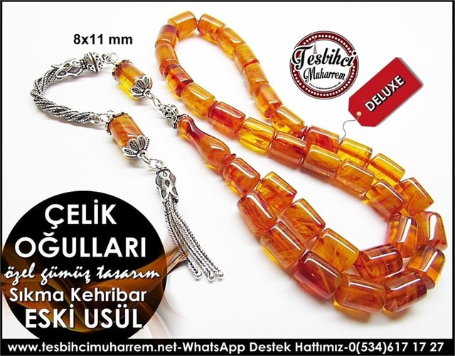 Özel Gümüş Tasarım Eski Usül Sıkma Kehribar Tesbih Çelikoğulları