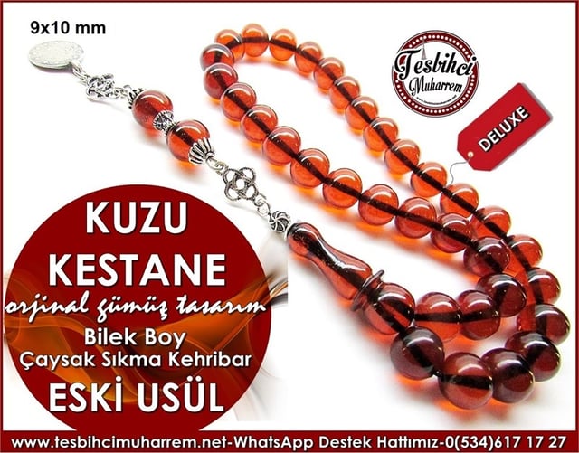 Özel Gümüş Tasarım Eski Usül Sıkma Kehribar Tesbih Kuzu Kestane