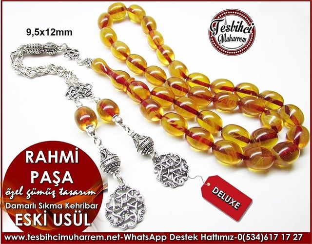 Özel Gümüş Tasarım Eski Usül Sıkma Kehribar Tesbih Rahmi Paşa 
