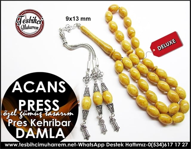 Özel Gümüş Tasarım Pres Damla Kehribar Tesbih Acans Press