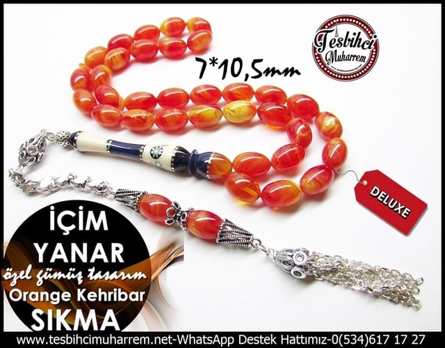 Özel Gümüş Tasarım Vintage Orange Sıkma Kehribar Tesbih İçim Yanar 