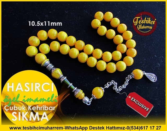 Özel İmame Gümüş Tasarım Küre Kesim Sarı Sıkma Kehribar Tesbih Hasırcı 