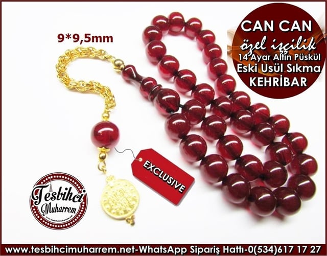 Özel İşçilik Altın Püskül Vişne Ton 9x9,5 mm Miskevi Eski Usül Sıkma Kehribar Tesbih Can Can