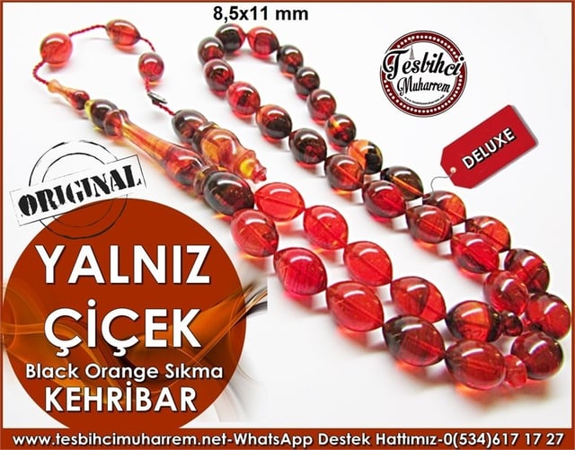 Özel İşçilik Black Orange Renkli Sıkma Kehribar Tesbih Yalnız Çiçek