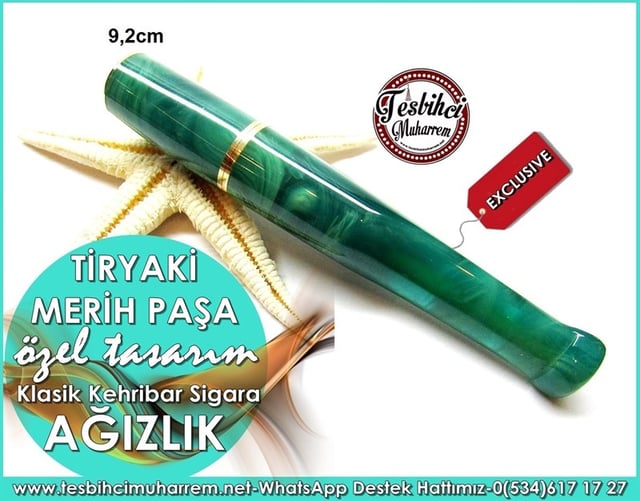 Özel İşçilik Çam Yeşili Damarlı Klasik Sıkma Kehribar Ağızlık Merih Paşa