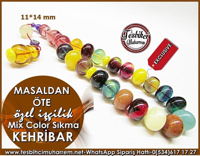 Özel İşçilik Color Mix Sıkma Kehribar Tesbih 11*14 mm Masaldan Öte 