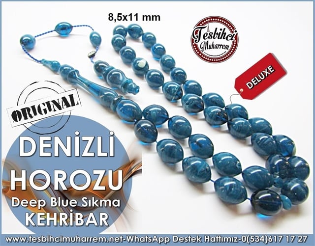 Özel İşçilik Deep Blue Sıkma Kehribar Tesbih Denizli Horozu