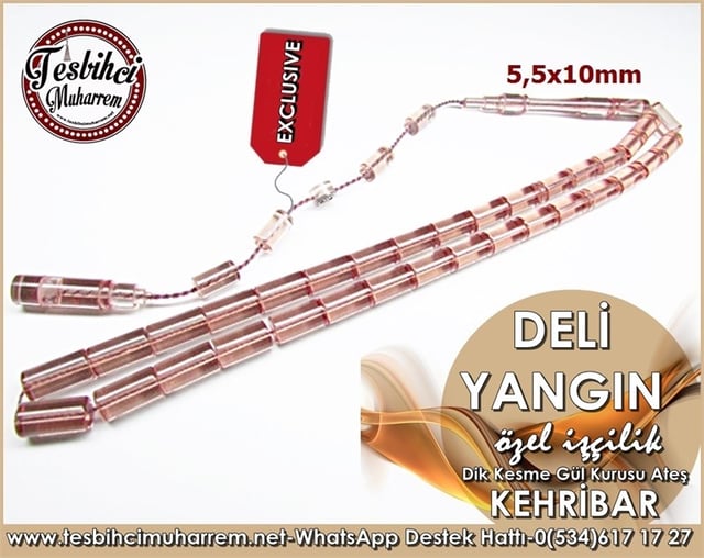 Özel İşçilik Dik Kesme Güllü Ateş Kehribar Tesbih Deli Yangın 