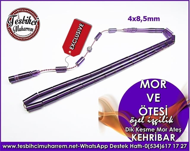 Özel İşçilik Dik Kesme Morcan Ateş Kehribar Tesbih Mor ve Ötesi 