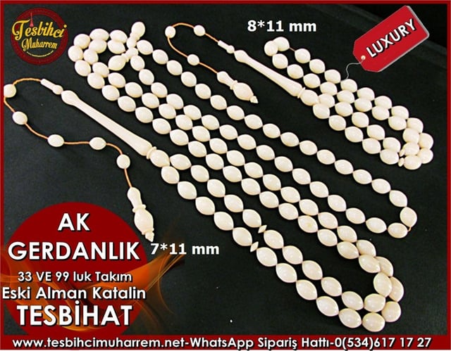 Özel İşçilik Eski Süt Beyaz Katalin Tesbih 33 ve 99 luk Dua Tesbihatları 