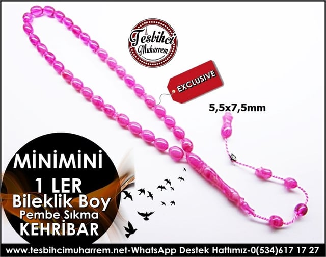 Özel İşçilik Pembe Sıkma Kehribar Tesbih Bileklik Boy Minimini 1 ler