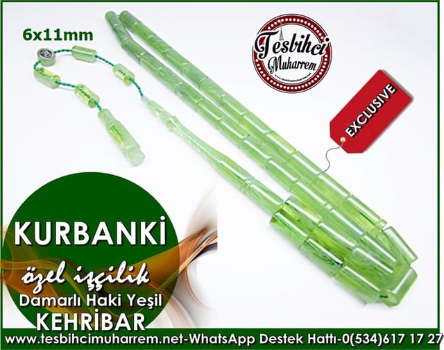 Özel İşçilik Yeşil Damarlı Dik Kesme Sıkma Kehribar Tesbih Kurbanki