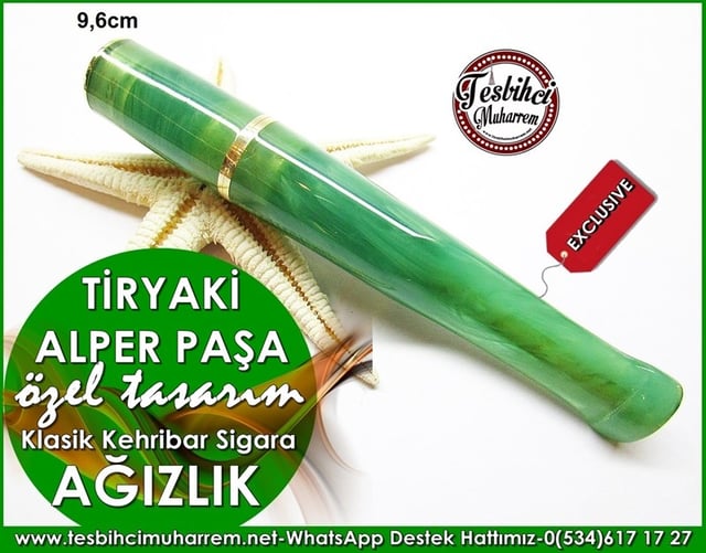 Özel İşçilik Yoğun Yeşil Damarlı Klasik Sıkma Kehribar Ağızlık Alper Paşa