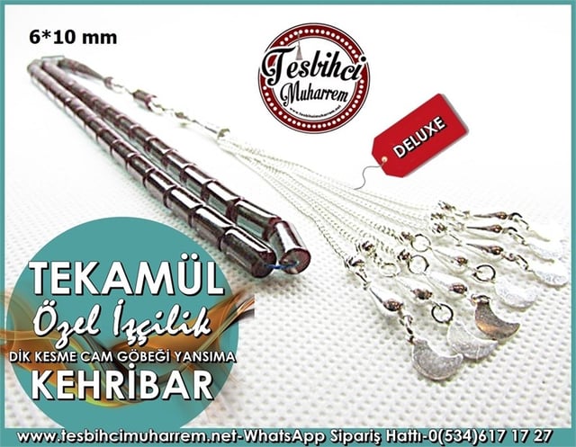 Özel İşçilikli Dik Kesme Ateş Kehribar Tesbih 6*10 mm Tekamül 