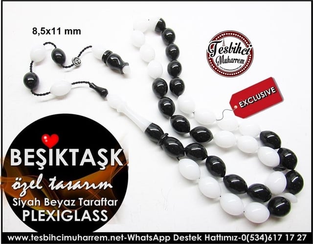 Özel Özgün Tasarım Siyah Beyaz Taraftarsal Plexiglass Tesbih Beşiktaşk