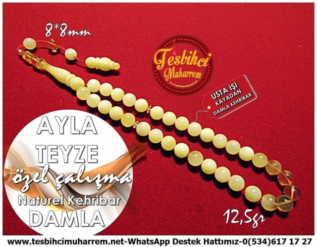 Özel Yuvarlak Çalışma Kayadan Bilek Boy Naturel Damla Kehribar Tesbih Ayla Teyze
