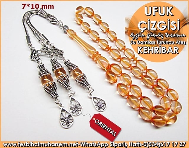 Özgün Gümüş Tasarım Beyzi Kesim Turuncu  Ateş Kehribar Tesbih 7*10 mm Ufuk Çizgisi