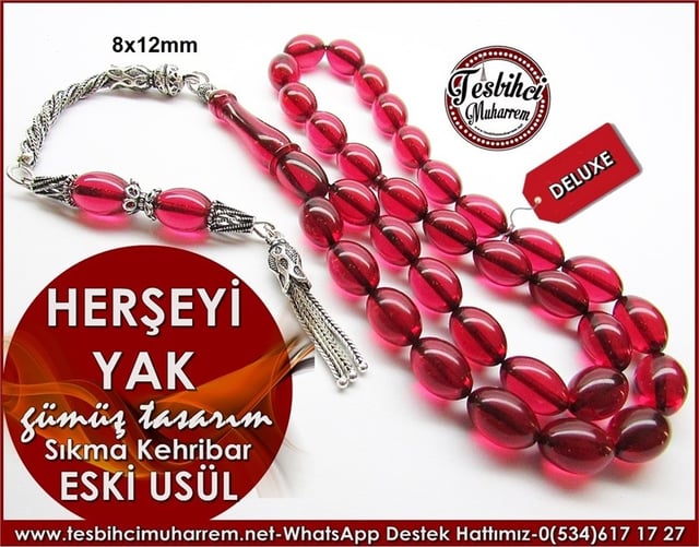 Özgün Gümüş Tasarım Eski Usül Sıkma Kehribar Tesbih Herşeyi Yak 