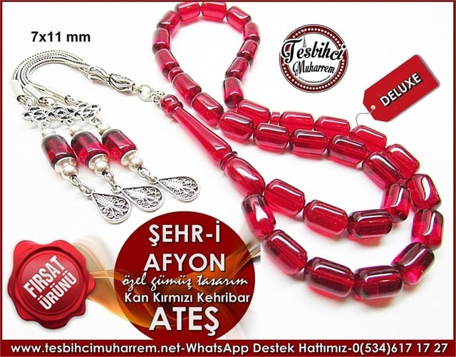 Özgün Gümüş Tasarım Kırmızı Ateş Kehribar Tesbih Şehr-i Afyon 