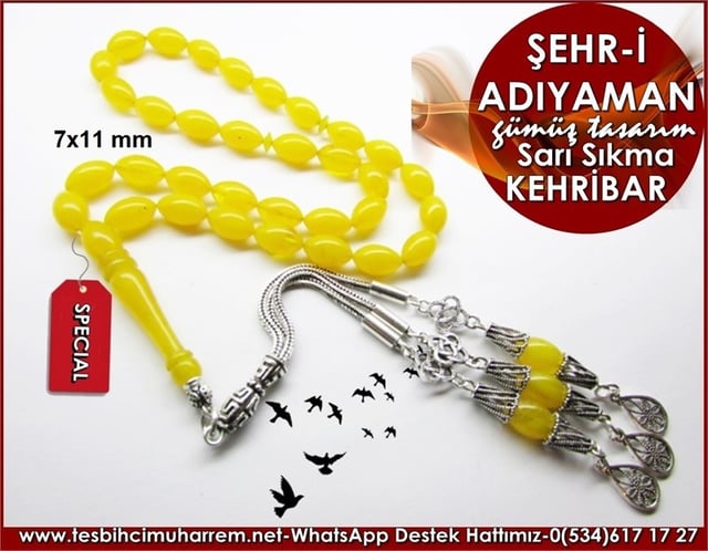 Özgün Gümüş Tasarım Sarı Sıkma Kehribar Tesbih Şehr-i Adıyaman 