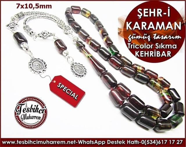 Özgün Gümüş Tasarım Tricolor Sıkma Kehribar Tesbih Şehr-i Karaman