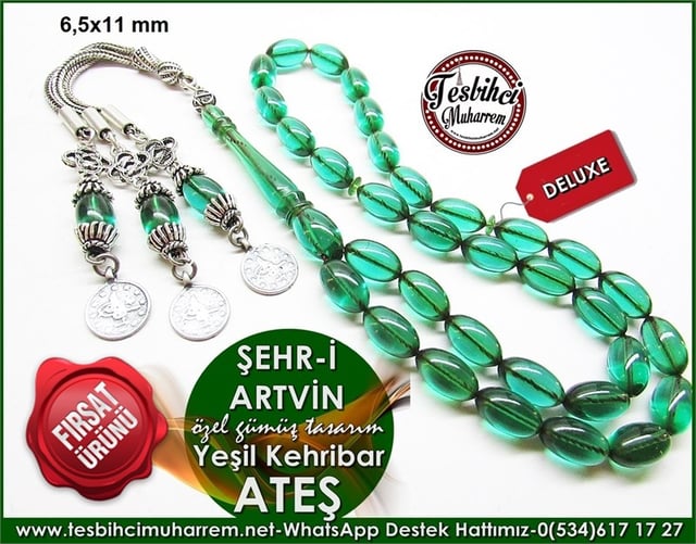 Özgün Gümüş Tasarım Yeşil Ateş Kehribar Tesbih Şehr-i Artvin 