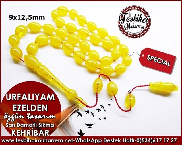 Özgün Tasarım Sarı Sıkma Kehribar Tesbih Urfalıyam Ezelden 