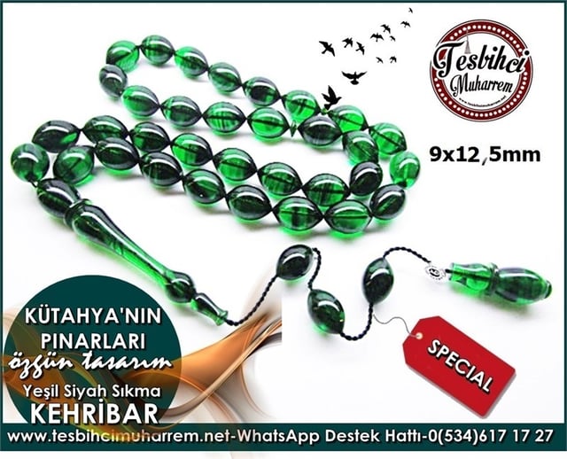 Özgün Tasarım Yeşil Sıkma Kehribar Tesbih Kütahya'nın Pınarları