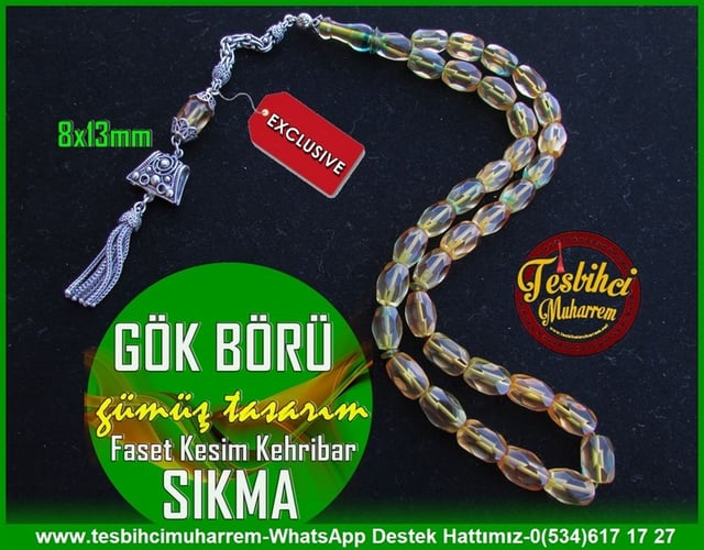 Hareli Yeşil Kehribar TesbihlerTM11038Sıkma Kehribar Tesbih Faset Kesim Gümüş Tasarım Gök BörüSıkma Kehribar Tesbih Faset Kesim Gümüş Tasarım Gök Börü