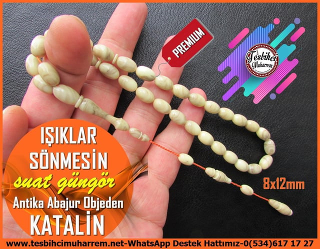 Katalin Ve Bağa TesbihlerTM13284Suat Güngör Usta Premium El İşçiliği Katalin Tesbih | Krem Renk Badem Kesim, Işıklar Sönmesin TespihTespih Katalin I Antika Abajur Objeden Krem Renk Kırçıllı Işıklar Sönmesin Tesbih 