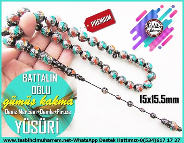 Yüsüri TesbihlerTM11807Tesbih Yüsüri Deniz Mercanı Amber Firuze Gümüş Çakma İri Boy Efsane Battalın Oğlu Tesbih Yüsüri Deniz Mercanı Amber Firuze Gümüş Çakma İri Boy Efsane Battalın Oğlu 